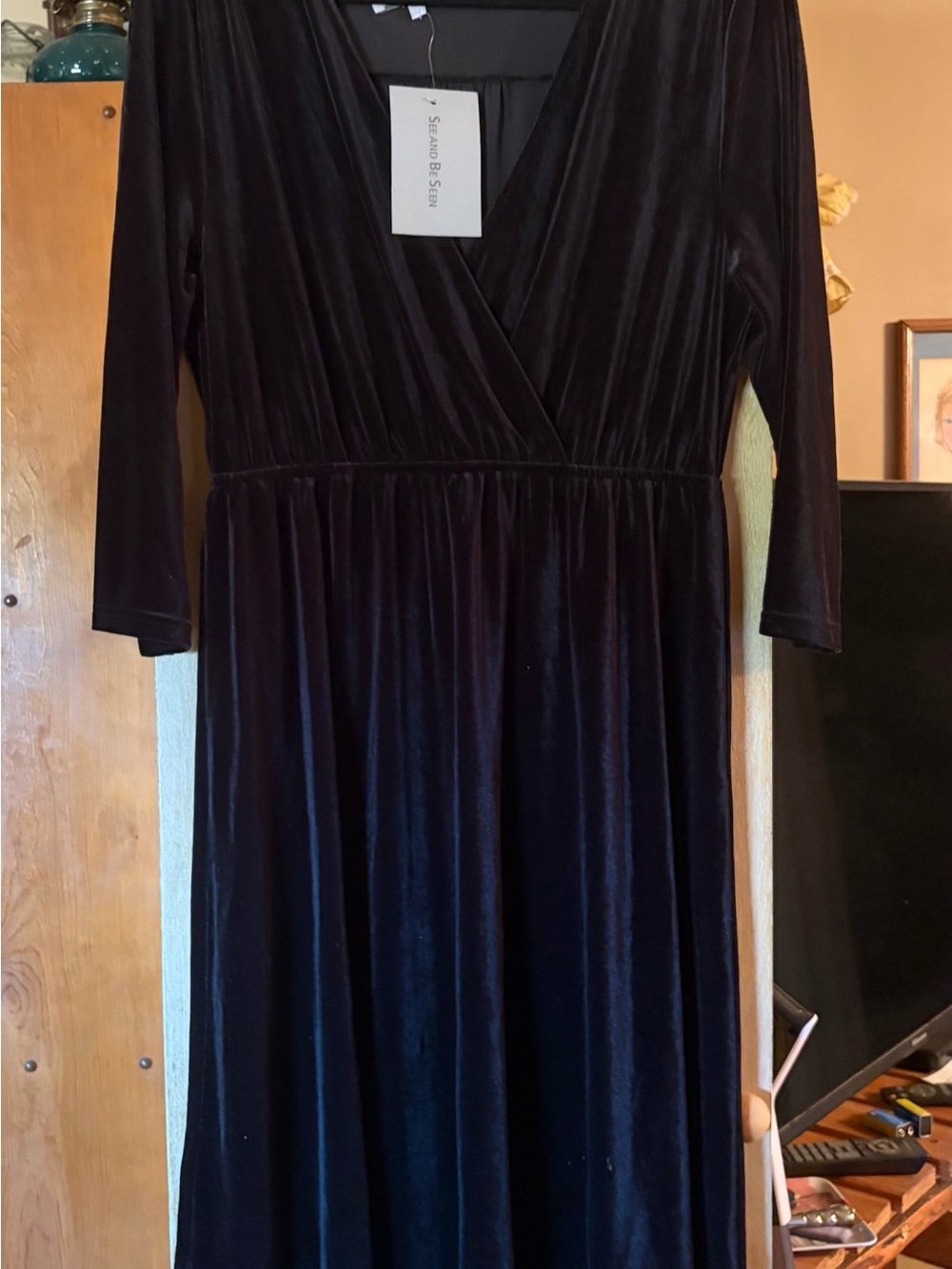 She and Sky Velvet Long-Sleeve Wrap Dress in Black